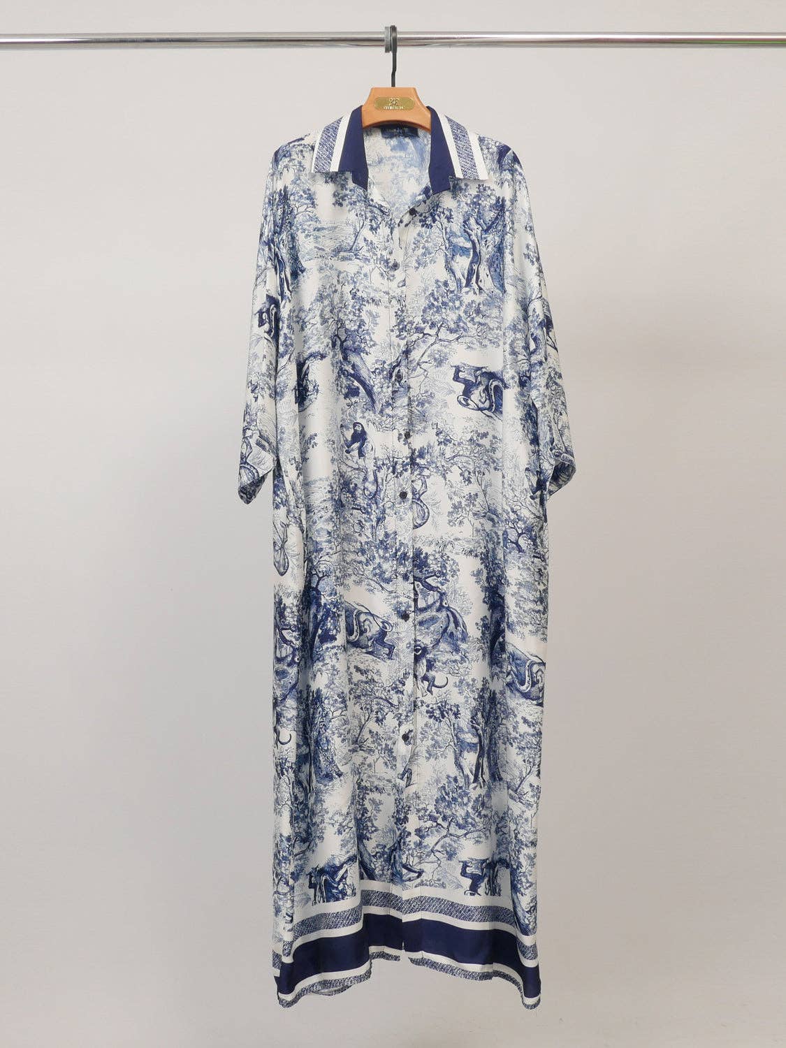Satin Shirtdress (Toile de Jouy Navy Blue)
