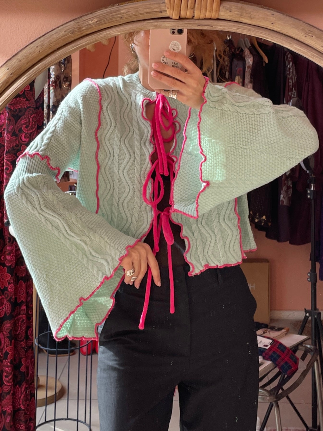 Curly Bow Knitted Cardigan (Mint)