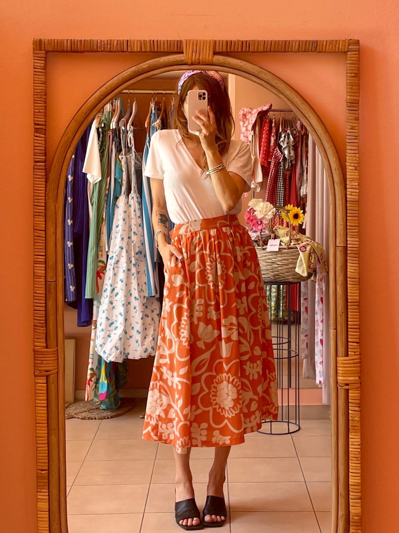 Printed Midi Skirt (Orange)
