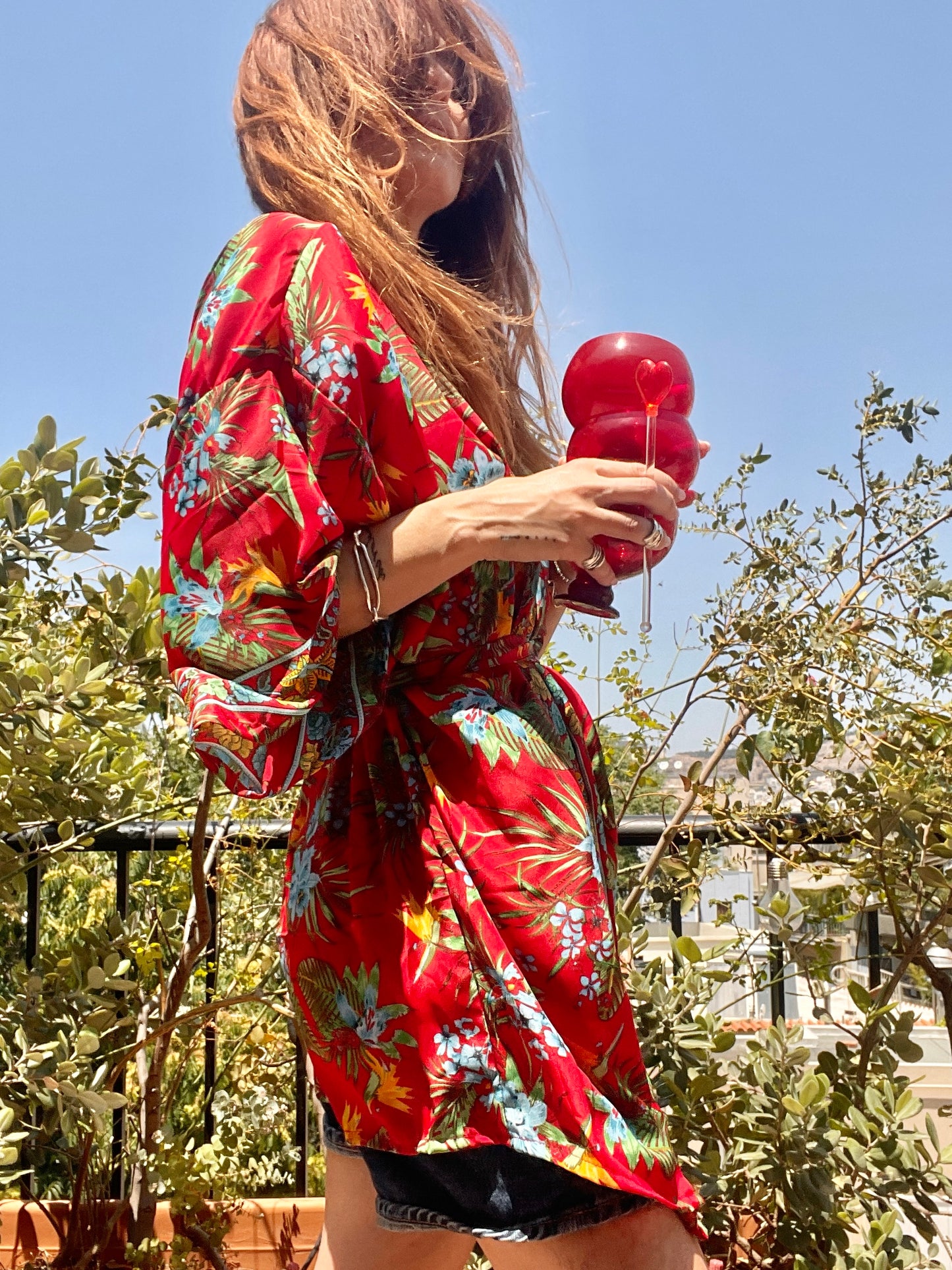 Tropical Flowers Silk Kimono (Red)