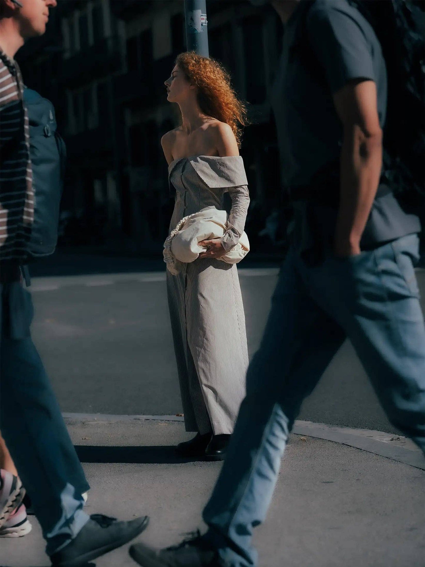 Bardot Off-Shoulder Shirtdress (brown stripes)