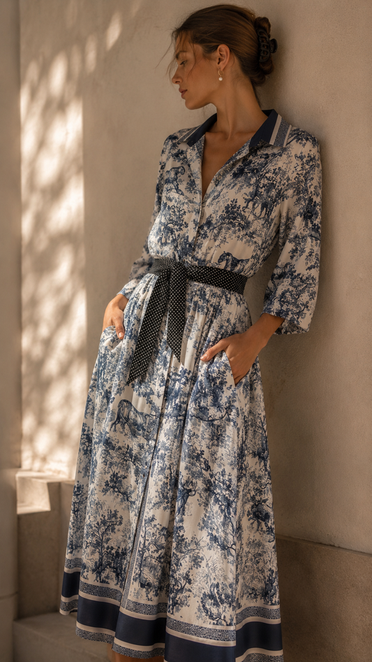 Satin Shirtdress (Toile de Jouy Navy Blue)