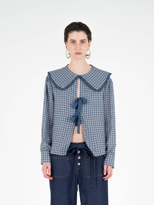 Bow Blouse w/ Maxi Bib Bollar (Mystic Tartan)