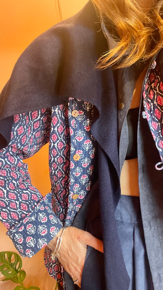 Oversized Shirt w/ Knit Shoulder Panel (Blue)