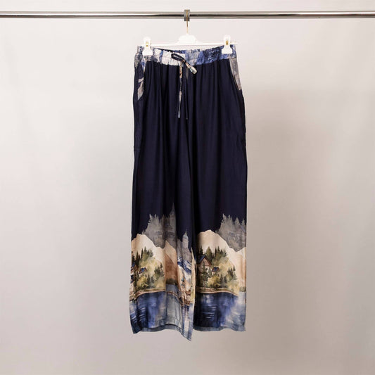 Satin Printed Trousers (landscape blue)