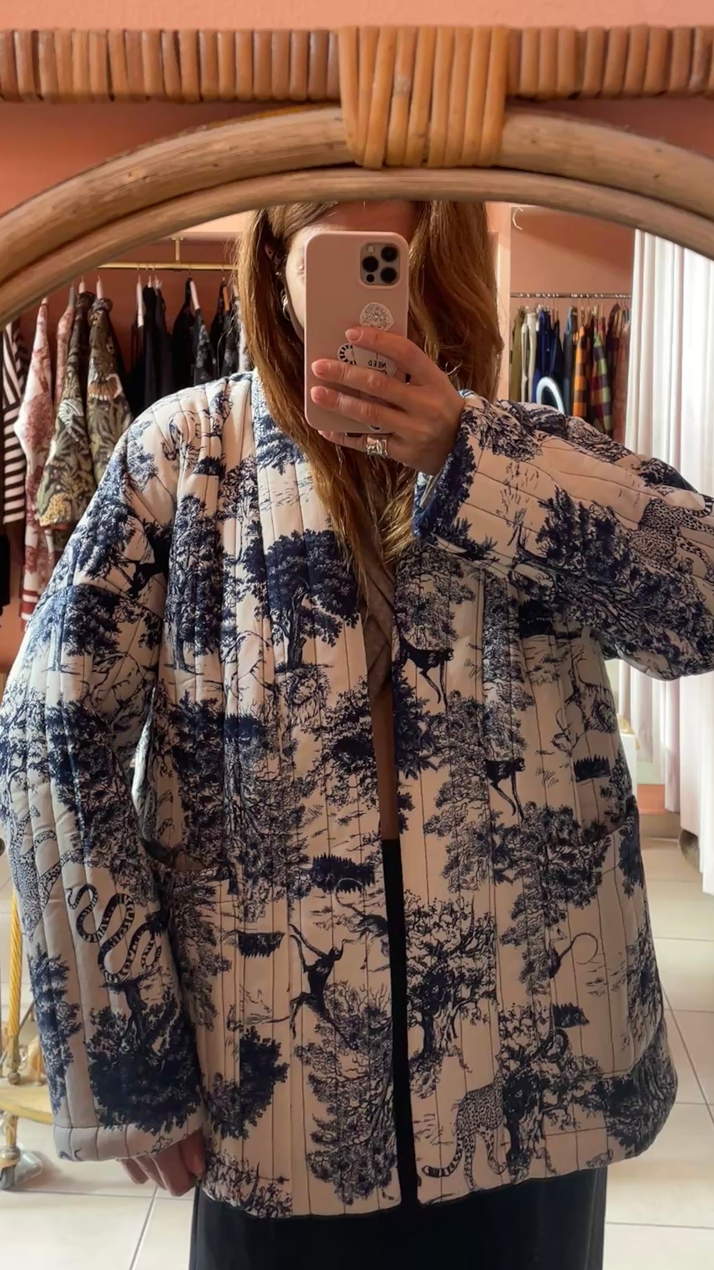 Quilted Printed Jacket - Navy Blue