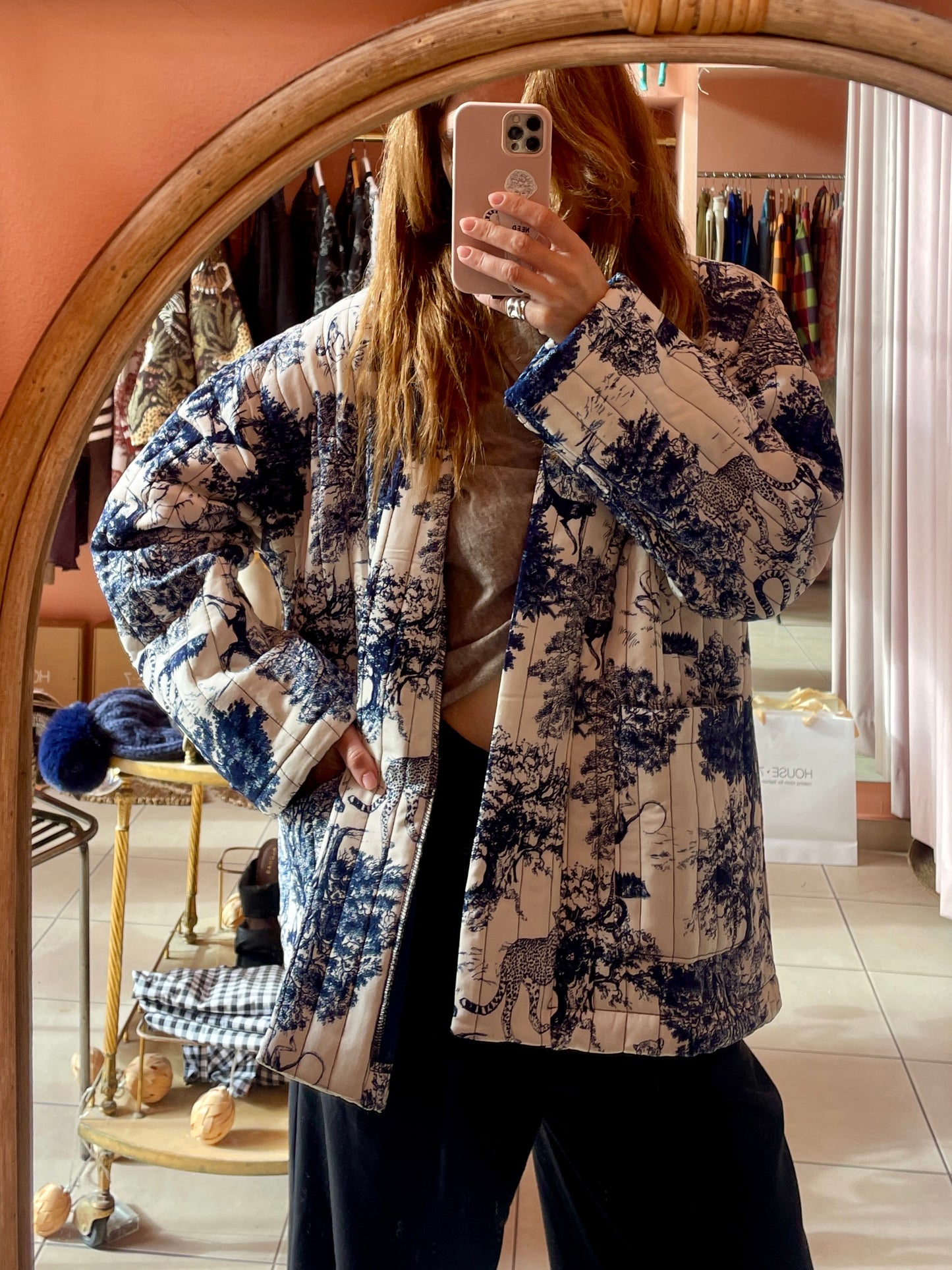 Quilted Printed Jacket - Navy Blue