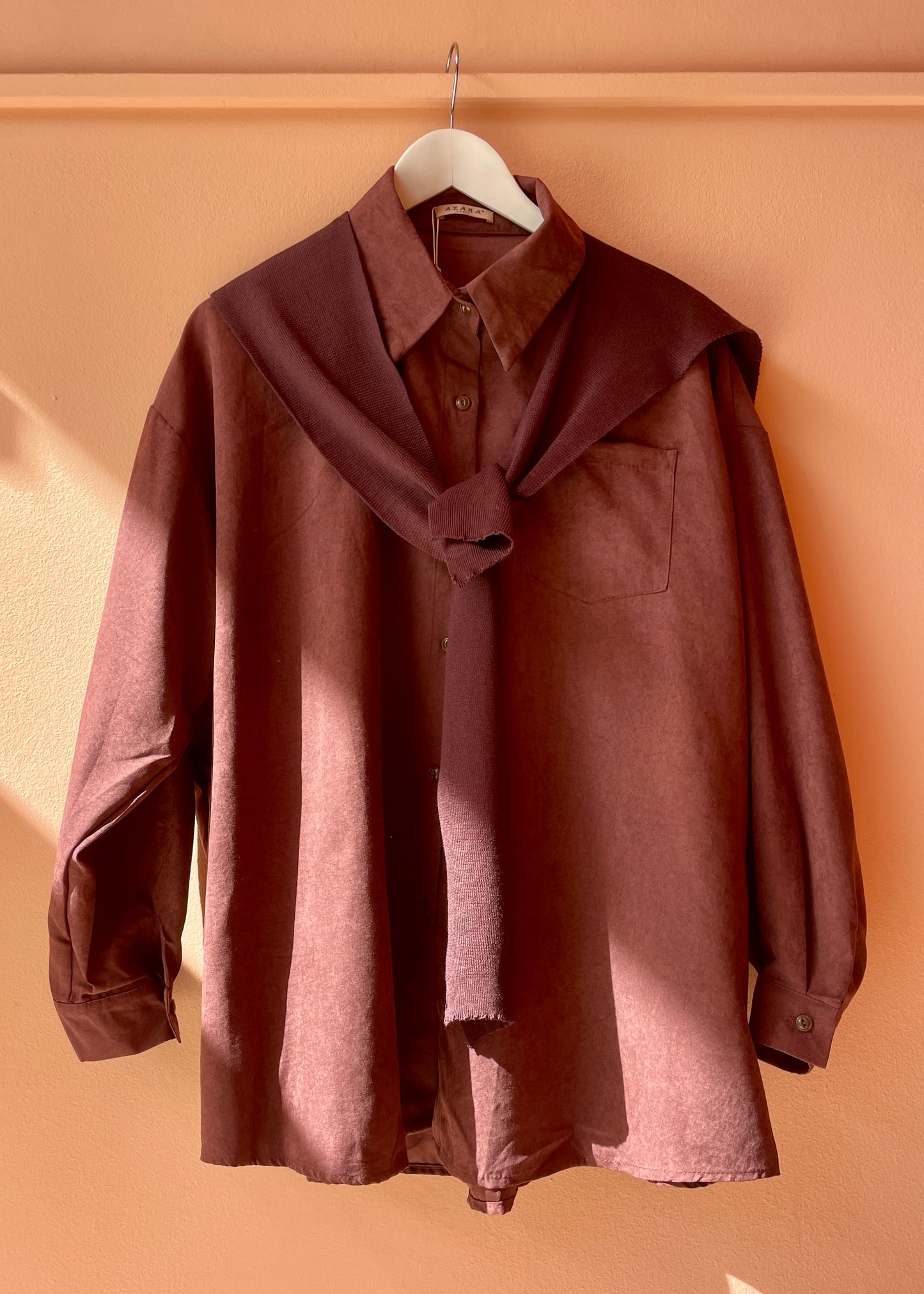 Oversized Shirt w/ Knit Shoulder Panel (Burgundy)