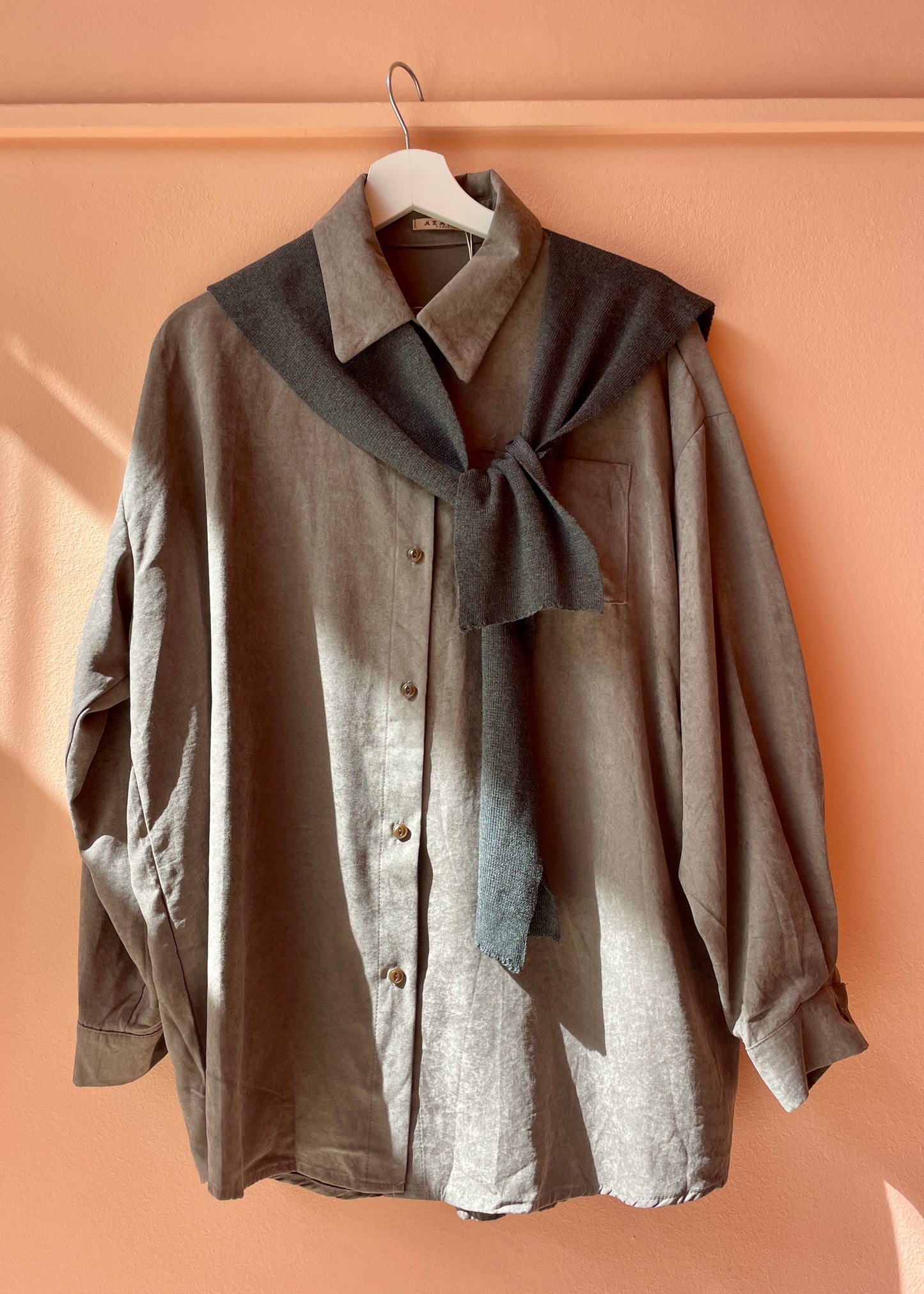 Oversized Shirt w/ Knit Shoulder Panel (Grey)