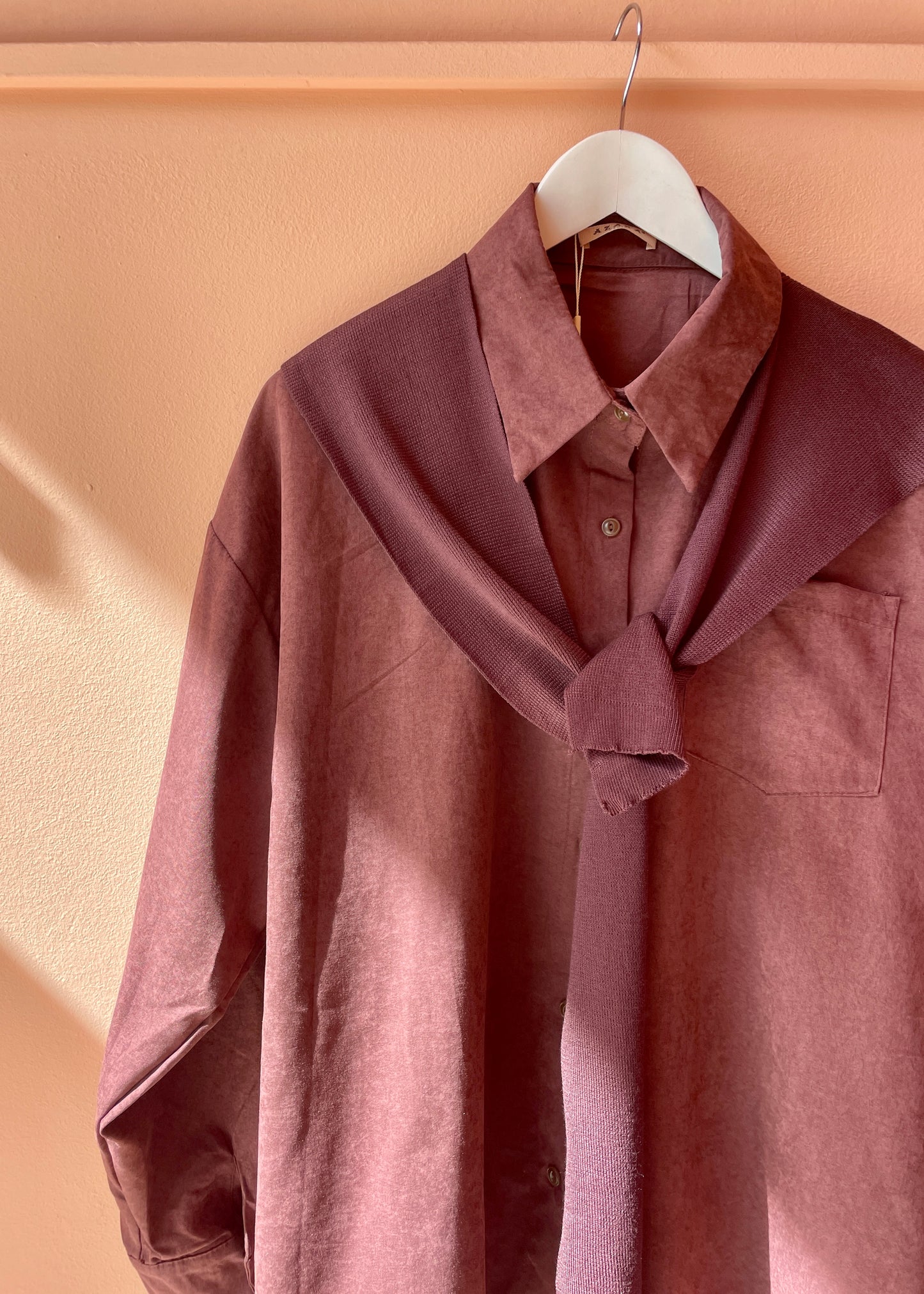 Oversized Shirt w/ Knit Shoulder Panel (Burgundy)