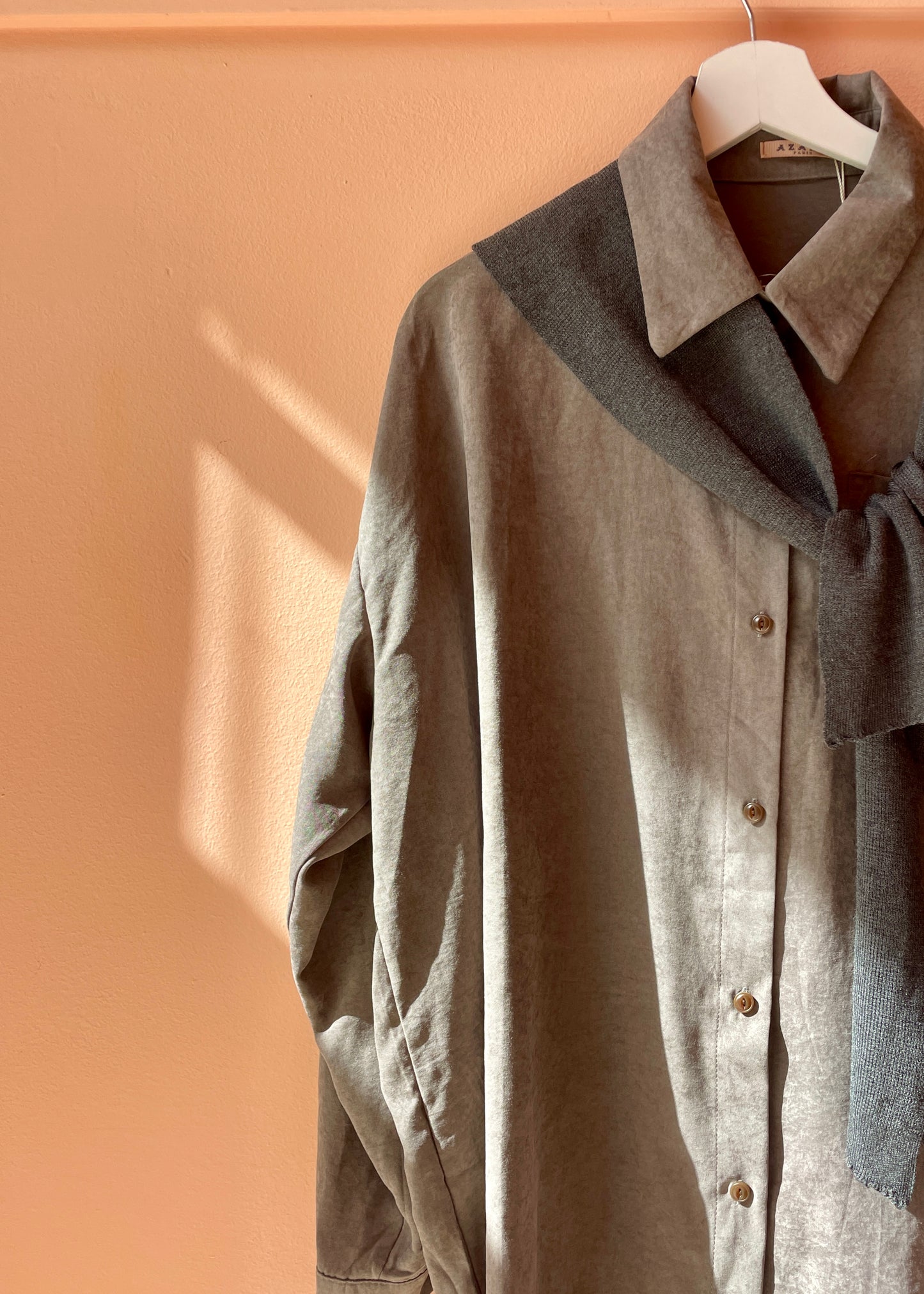 Oversized Shirt w/ Knit Shoulder Panel (Grey)