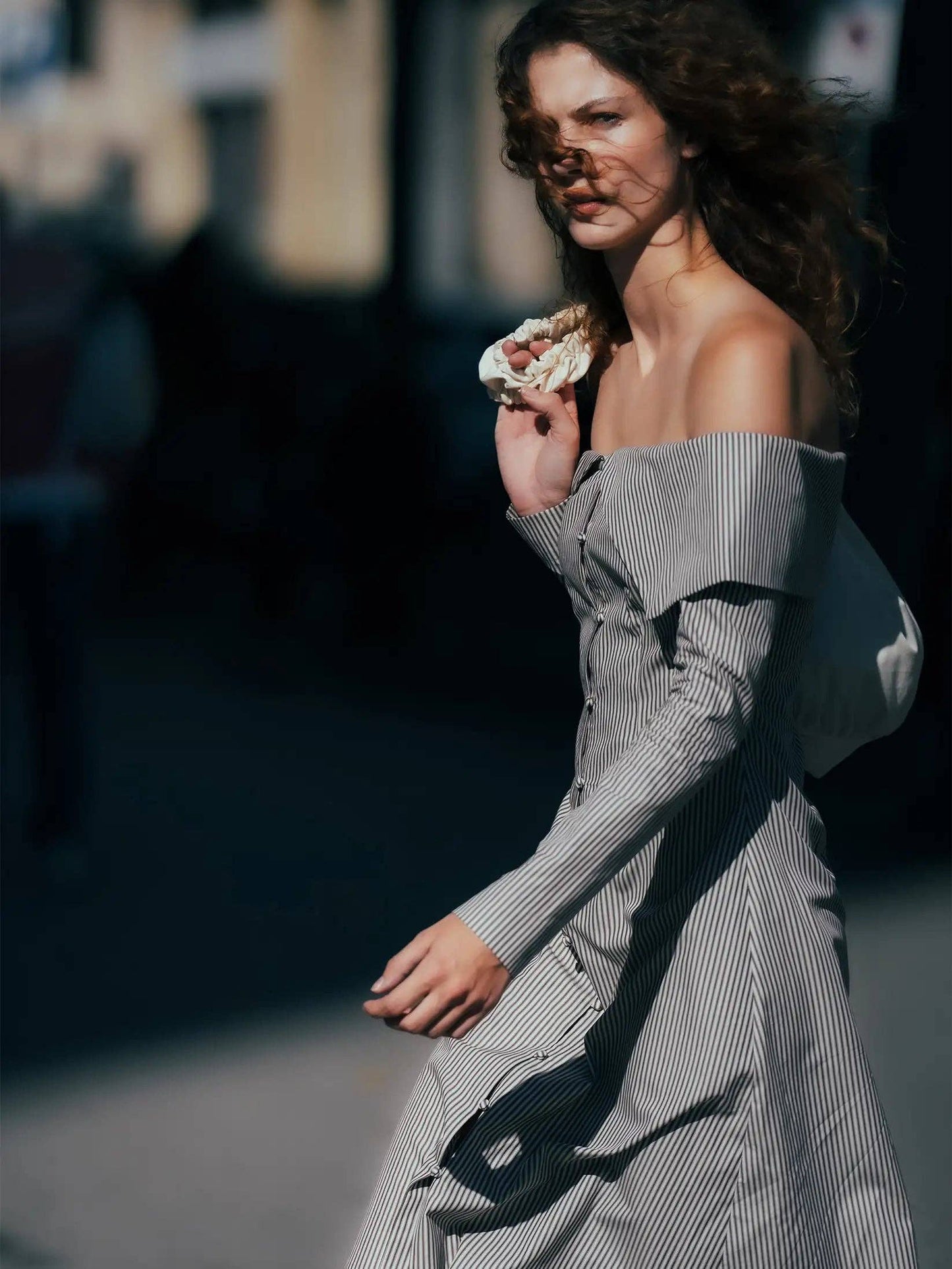 Bardot Off-Shoulder Shirtdress (brown stripes)