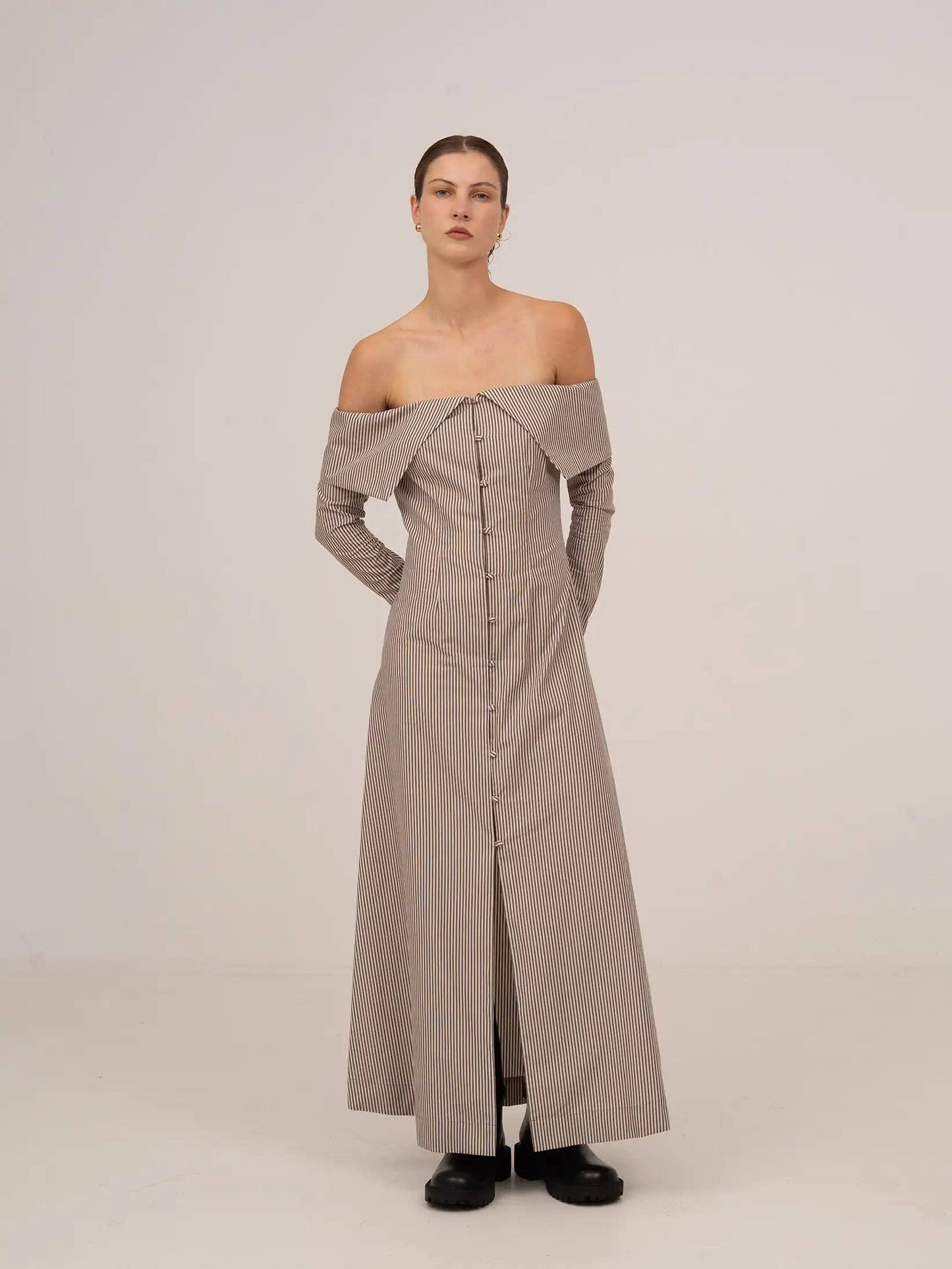 Bardot Off-Shoulder Shirtdress (brown stripes)