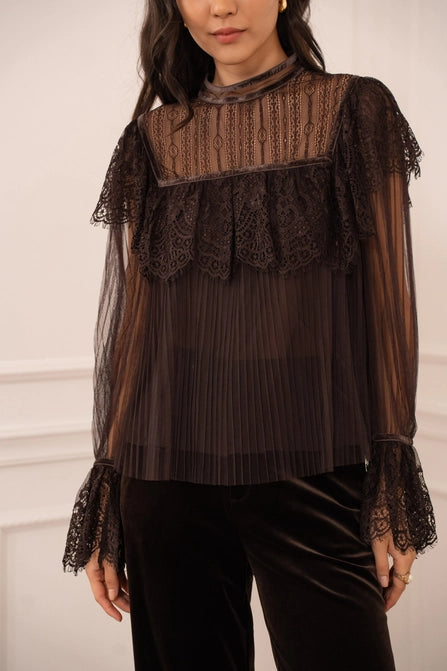 Pleated Lace Blouse (chocolate)