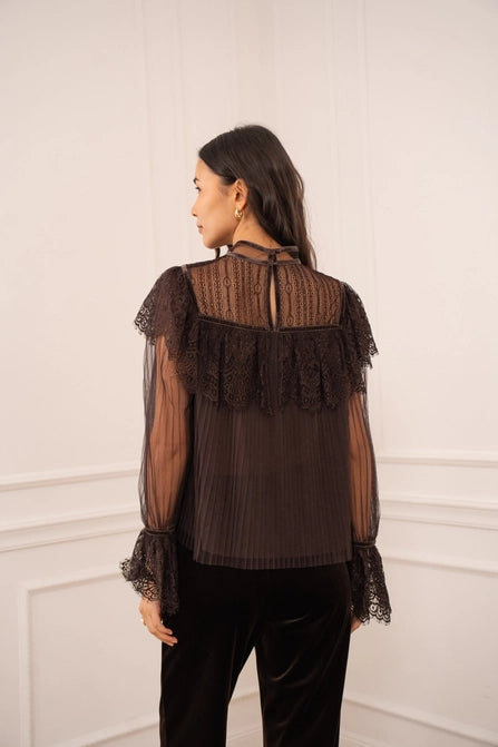 Pleated Lace Blouse (chocolate)