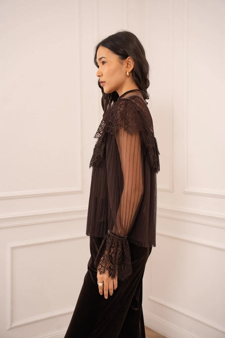 Pleated Lace Blouse (chocolate)