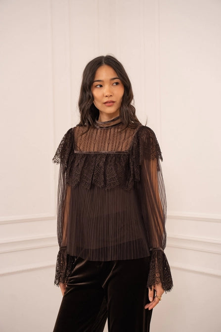 Pleated Lace Blouse (chocolate)